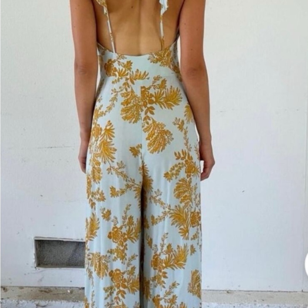 Free People Be The One Floral Wide Leg Ruffle Mint Blue Gold Jumpsuit Size 6 - Picture 3 of 7